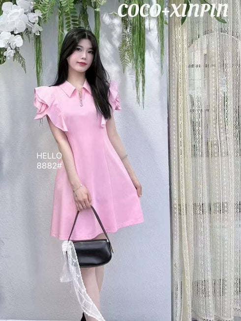 Zipper Collar Down Rose Decor Short Sleeves Mini Dress